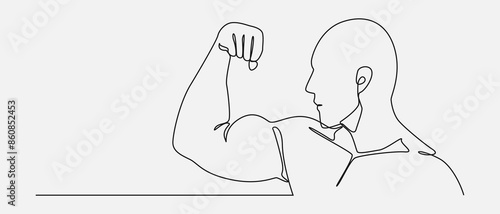 Continuous one line drawing of bald man showing muscle. Editable stroke. Vector graphic illustration.