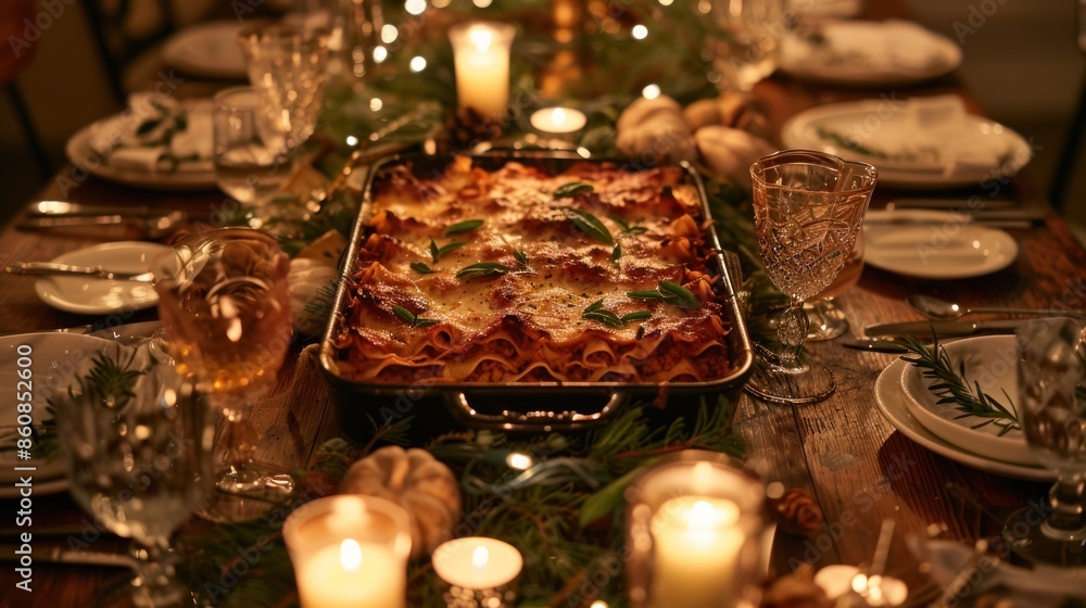A table with a large lasagna dish and several wine glasses. Generate AI image