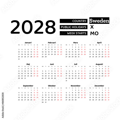 Calendar 2028 Swedish language with Sweden public holidays. Week starts from Monday. Graphic design vector illustration.