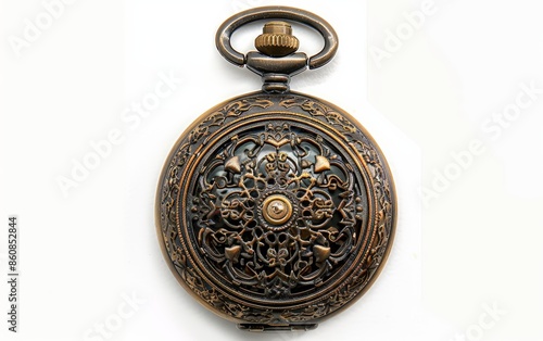 Vintage pocket watch with ornate details, white backdrop, rule of thirds, copy space