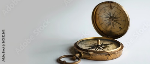 Antique brass compass, lid open, white backdrop, rule of thirds, copy space photo