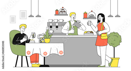 People in coffee shop. Man and woman sit down with hot drinks. Cappuccino and mochaccino, americano. Cafe and catering occupation. Linear flat vector illustration