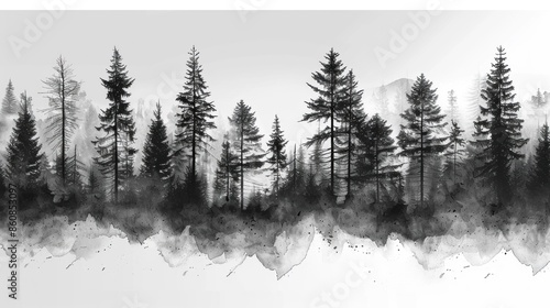 Silhouettes of Pine Trees in a Foggy Forest photo