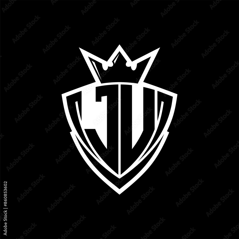 JU Letter logo with sharp triangle shield shape with crown inside white outline on black background template design JU Letter logo with sharp triangle shield shape with crown inside white outline on black background template design