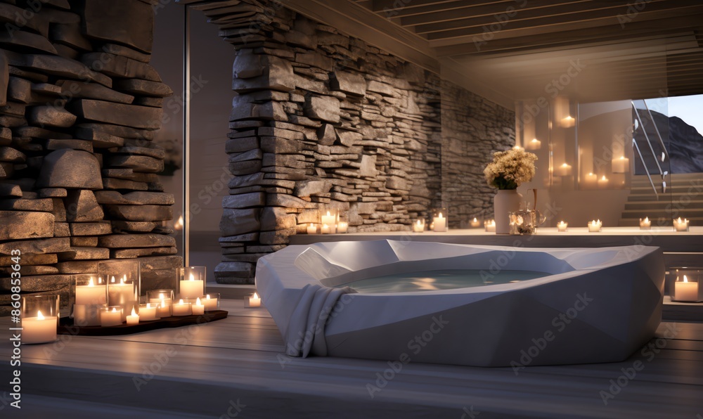 Romantic Bath in a Modern Stone Interior Romantic Bath in a Modern Stone Interior