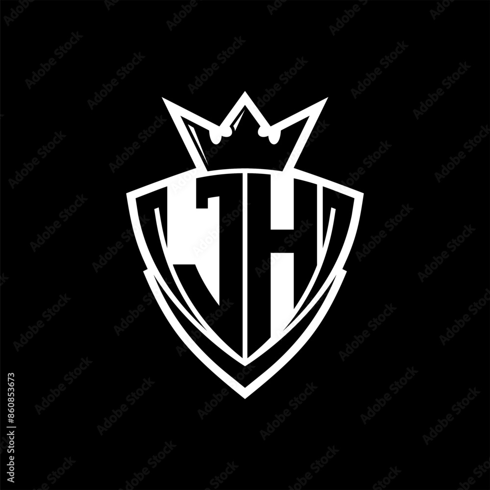 JH Letter logo with sharp triangle shield shape with crown inside white outline on black background template design JH Letter logo with sharp triangle shield shape with crown inside white outline on black background template design