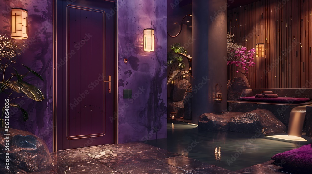 rich aubergine door on a luxurious day spa, with tranquil water features and soft, ambient lighting rich aubergine door on a luxurious day spa, with tranquil water features and soft, ambient lighting