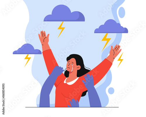 Woman with depression. Girl suffering from negative feelings and emotions. Psychological disorders and mental problems. Person in frustration. Cartoon flat vector illustration