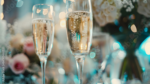 Champagne glasses on table against background of vases with flowers Catering Champagne with bubbles on the table Serving on a wedding party Drinks serving concept Cropped shot selectiv : Generative AI photo