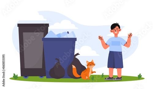 Boy find cat. Teenager stands near trash cans with pet. Schoolboy found lost kitten. Generosity and kindness. Child saves stray animal. Cartoon flat vector illustration