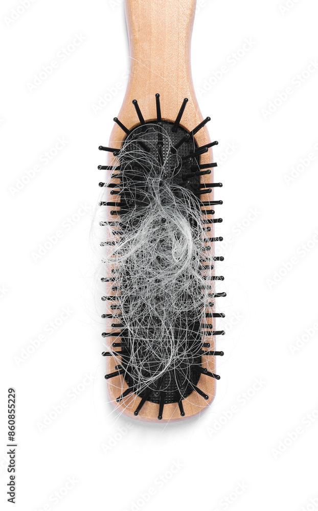 Wooden brush with lost hair isolated on white, top view Wooden brush with lost hair isolated on white, top view