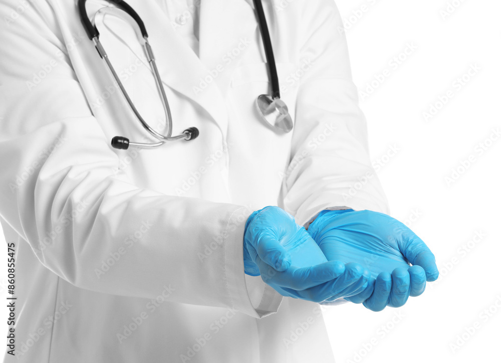 Doctor holding something on white background, closeup Doctor holding something on white background, closeup