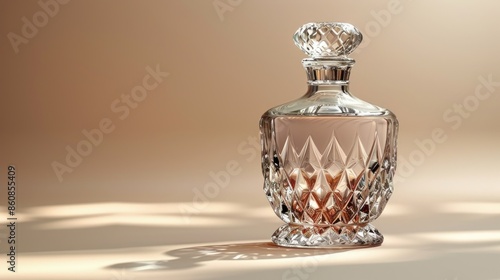 Crystal Decanter with Brown Liquid on a Beige Background