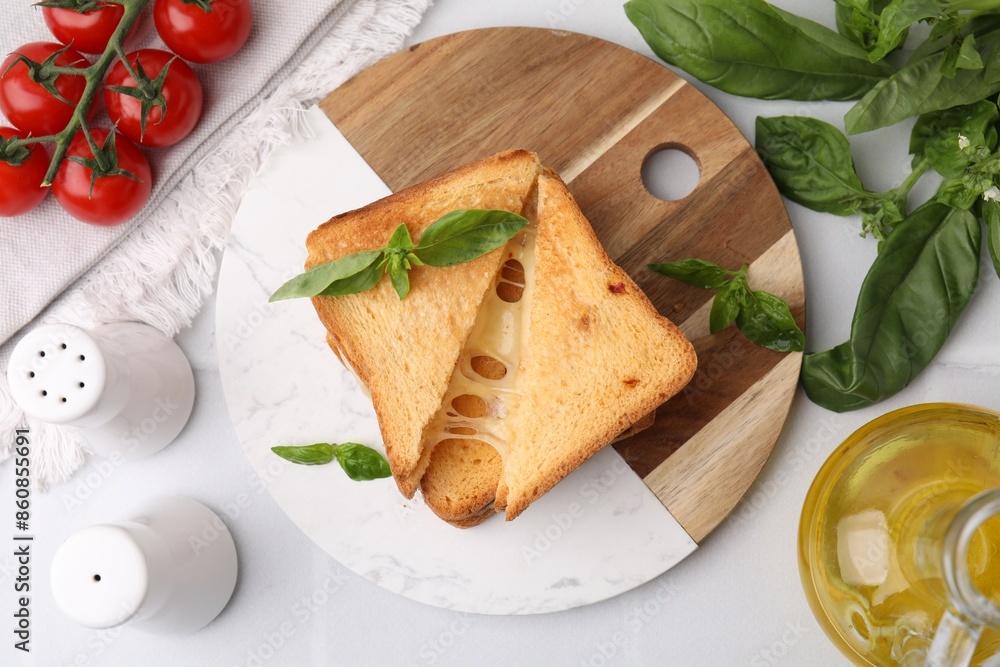 Pieces of toasted bread with melted cheese, tomatoes, oil and basil on white table, top view Pieces of toasted bread with melted cheese, tomatoes, oil and basil on white table, top view