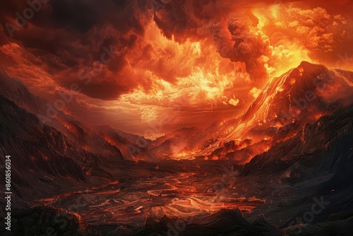 apocalyptic valley scene multiple volcanic eruptions lava flows ash clouds fiery sky digital art depicting cataclysmic natural disaster photo