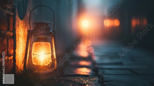 Burning lantern on the street at night © AbsoluteAI