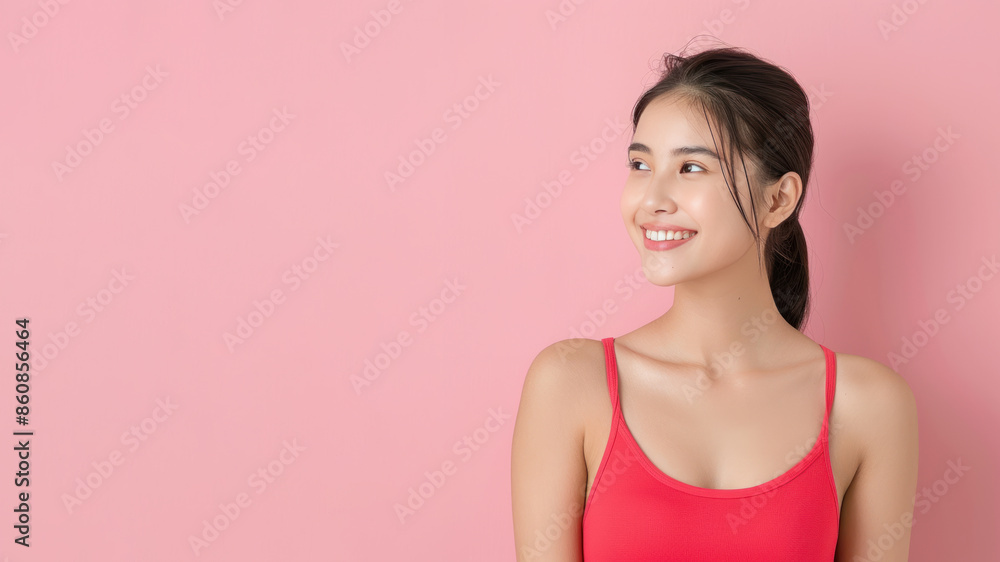 Indonesian woman smile wearing sportswear isolated on pastel background Indonesian woman smile wearing sportswear isolated on pastel background