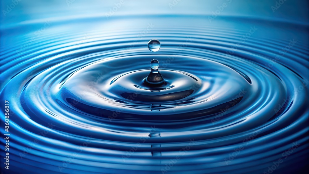 Droplet of water creating circular ripples on smooth blue lake surface, water, droplet, descending, smooth, clear, blue Droplet of water creating circular ripples on smooth blue lake surface, water, droplet, descending, smooth, clear, blue