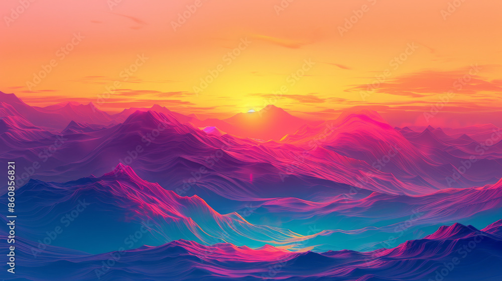 A beautiful mountain range with a bright orange sun in the sky A beautiful mountain range with a bright orange sun in the sky