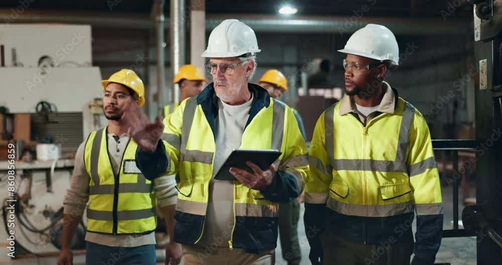 Supervisor, engineering and people walking in warehouse with wood, lumber or material production on tablet. Man and mature manager in factory for inspection, manufacturing or talking of progress