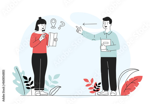 Woman asks directions. Tourist with map asks local for route. Travel and active lifestyle. Holiday and vacations in foreign country. Linear flat vector illustration