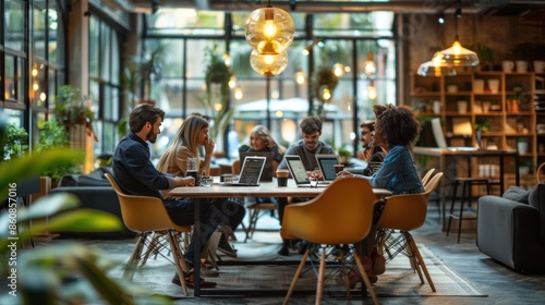 Group of Young Professionals Working Together in a Cafe