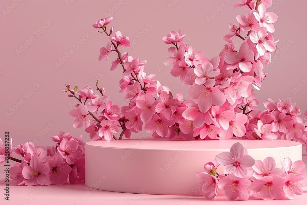 Beautiful round podium with pink flower for product display Beautiful round podium with pink flower for product display