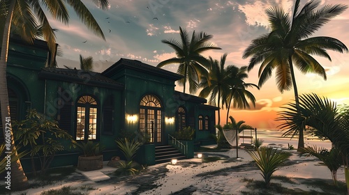 tropical villa with dark jade walls, palm trees swaying, and white sandy beaches in the background, at sunset