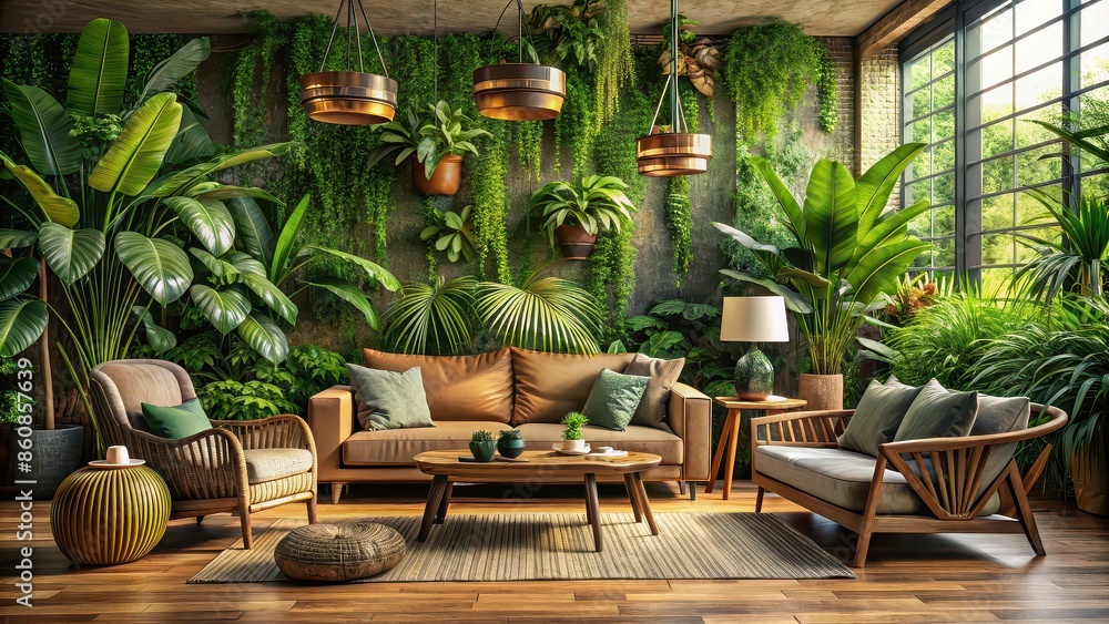 Lush jungle living room with greenery, wooden furniture, and exotic decor , jungle, living room, greenery, plants Lush jungle living room with greenery, wooden furniture, and exotic decor , jungle, living room, greenery, plants