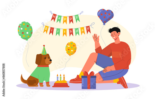 Happy birthday dog. Man gives his pet food and balloons. Owner celebrates birthday with puppy. Love, generosity and kindness to animal. Cartoon flat vector illustration © Aleksey