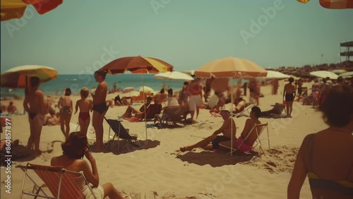Sun-drenched beach crowded with vacationers. Vibrant orange and yellow umbrellas dot the sandy landscape. People lounging, sunbathing, and enjoying seaside leisure. 