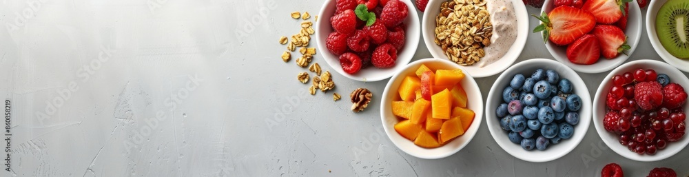 Healthy Breakfast Bowl With Granola, Berries, and Almonds on Grey Background Healthy Breakfast Bowl With Granola, Berries, and Almonds on Grey Background