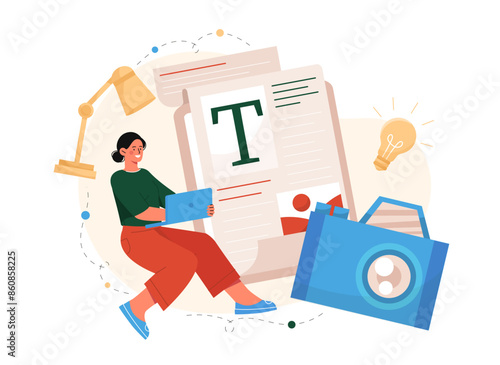 Woman journalist concept. Girl with paper and typewriter. Freelancer and copywriter coming up with interesting content for social networks and websites. Cartoon flat vector illustration