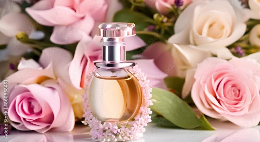 A bottle of perfume with flowers and petals. Beauty product background.