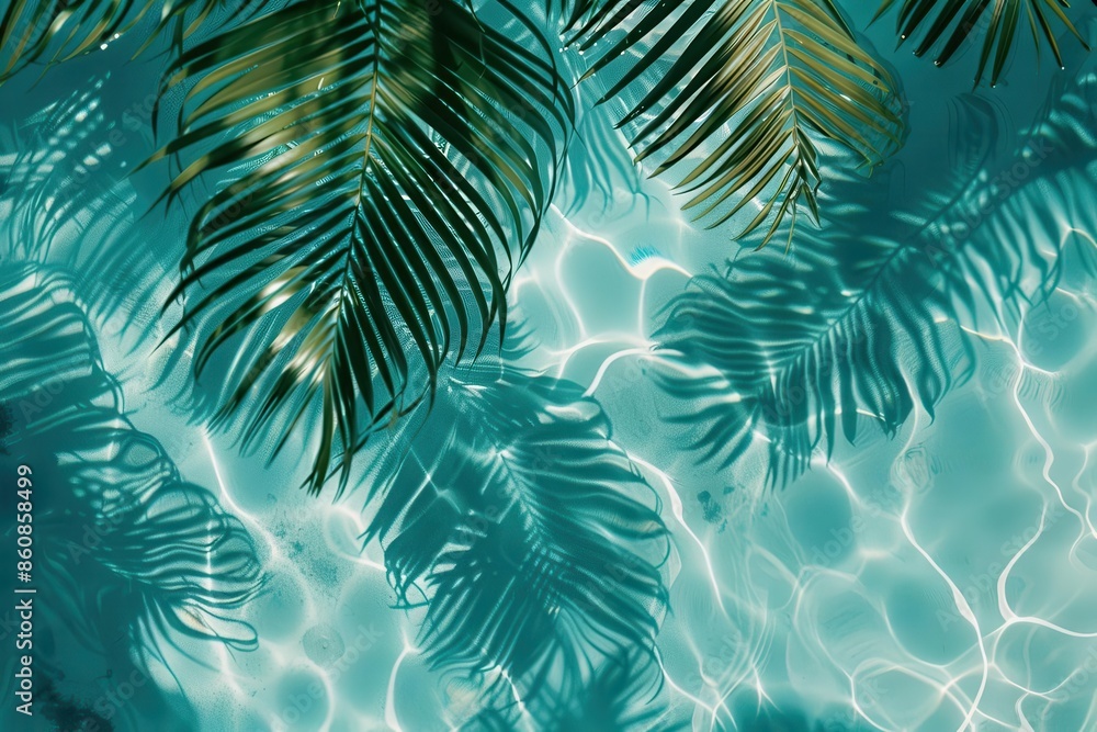 abstract pattern of palm tree shadow cast on rippling surface of turquoise pool water creating a tropical summer vibe abstract pattern of palm tree shadow cast on rippling surface of turquoise pool water creating a tropical summer vibe