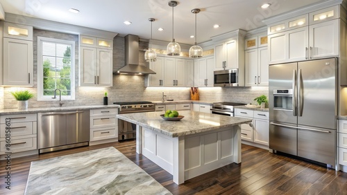 Modern kitchen interior with white cabinets, granite countertops, and stainless steel appliances