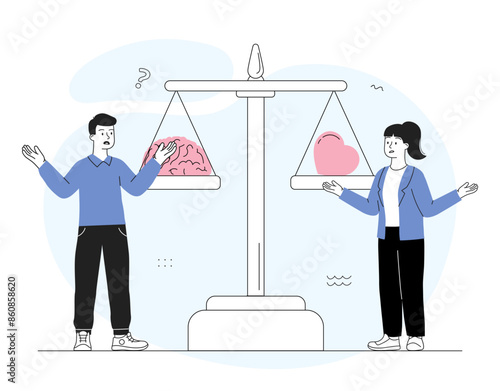 Logic or love. People stand next to scales with brain and heart. Emotion versus intellect. Comparison of methods of analyzing information. Linear flat vector illustration