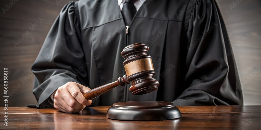 Partial view of judge in robe holding gavel in court , judge, robe, gavel, court, legal, justice, judiciary Partial view of judge in robe holding gavel in court , judge, robe, gavel, court, legal, justice, judiciary