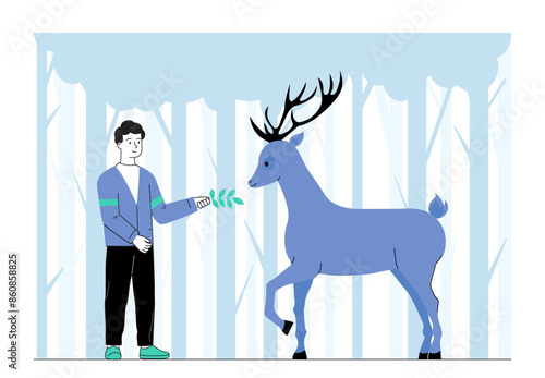 Man feeds deer. Young guy in woods giving food to deer. Wilderness environment and wild area. Ranger and scout with forest dweller. Linear flat vector illustration