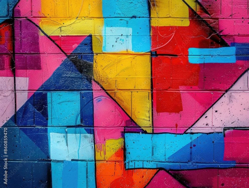 Naklejka premium A vibrant mural painted on a brick wall, great for decorating urban spaces or cityscapes