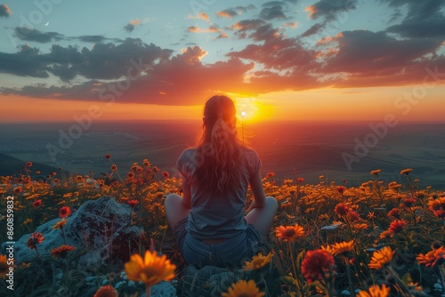 Woman Meditating at Sunset on Mountaintop © mattegg