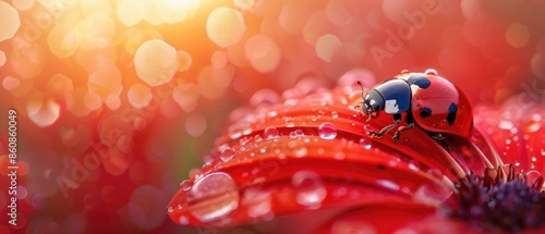 ladybug on red flower petal with water drops close up, A ladybug sitting on a red flower on blurred background
