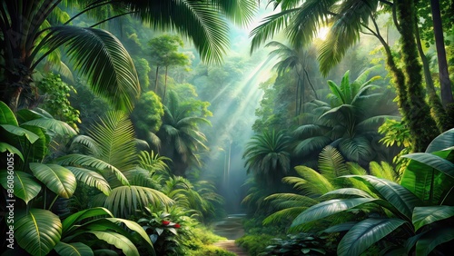 Fototapeta Naklejka Na Ścianę i Meble -  Lush photorealistic clipart of a tropical rainforest, lush, photorealistic, clipart, tropical, rainforest, jungle, vibrant