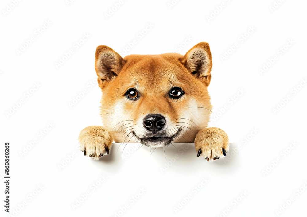 Adorable Shiba Inu puppy peeking over a white background, showcasing its cute face and playful expression. Adorable Shiba Inu puppy peeking over a white background, showcasing its cute face and playful expression.