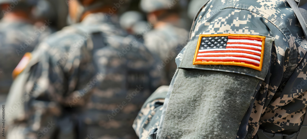 Close up of a US flag patch on a soldier's uniform. Close up of a US flag patch on a soldier's uniform.