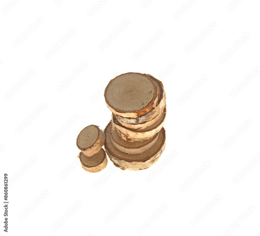 Different wooden disks, slices, on white background Different wooden disks, slices, on white background