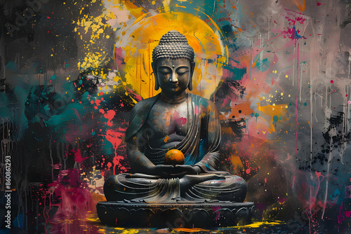 Wallpaper Mural A colorful abstract painting depicting a meditating Buddha with a glowing halo. Torontodigital.ca