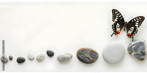 A minimalistic composition of various sized stones arranged in a line, with a butterfly perched on the largest stone, against a white background. photo