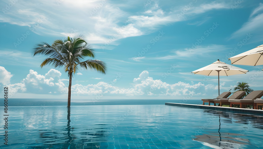 A serene poolside view with a palm tree, white umbrellas, and a breathtaking ocean horizon. Perfect for vacation and travel themes. A serene poolside view with a palm tree, white umbrellas, and a breathtaking ocean horizon. Perfect for vacation and travel themes.