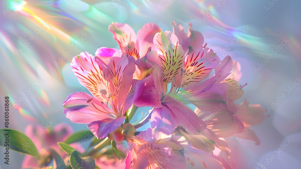 Fototapeta premium Pink Alstroemeria flowers with colorful lens flare Violet Peruvian lily heap Birthday present Festive floral present Wedding flowers Film grain texture Soft focus Blur : Generative AI